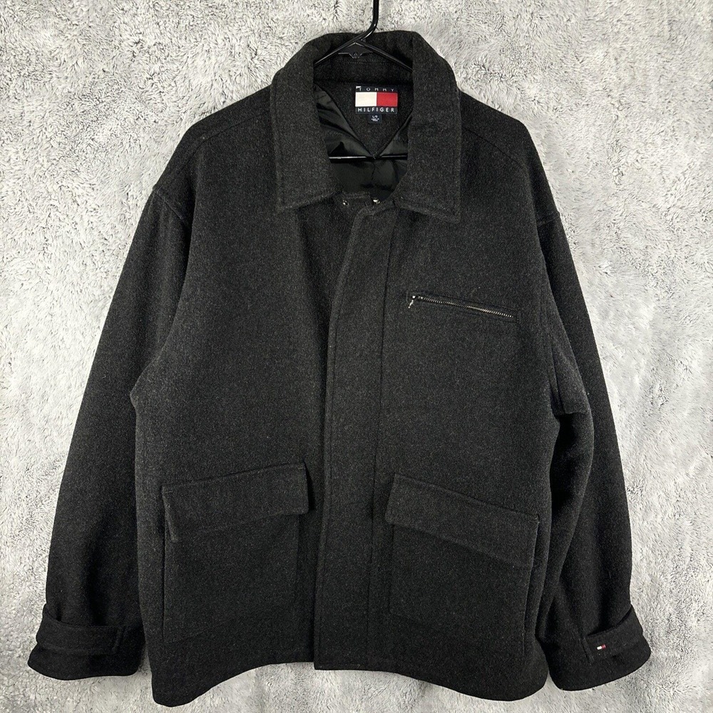 Mens Tommy Hilfiger Wool Peacoat 5 Pocket Gray Black Size Large